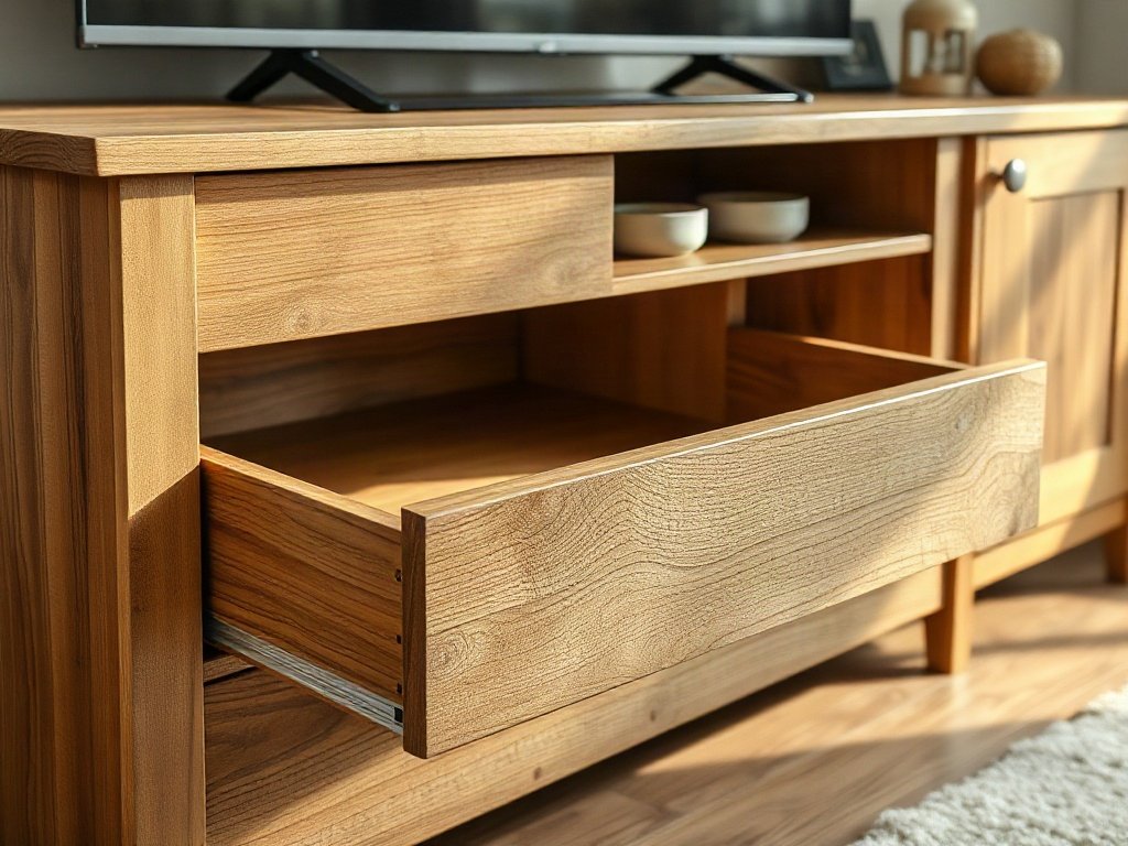 Tủ tivi gỗ công nghiệp hoàn thiện với ngăn kéo mở sẵn đồ dùng