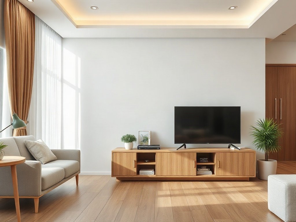 Tủ tivi gỗ công nghiệp tại quận 7 đặt trong phòng khách sáng cửa sổ