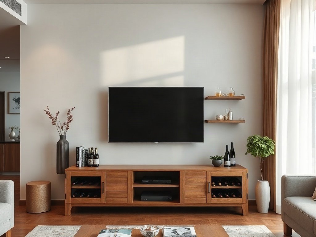 10 mẫu tủ tivi gỗ công nghiệp tại TPHCM hiện đại Tủ tivi kết hợp kệ trang trí và tủ rượu trong phòng khách rộng