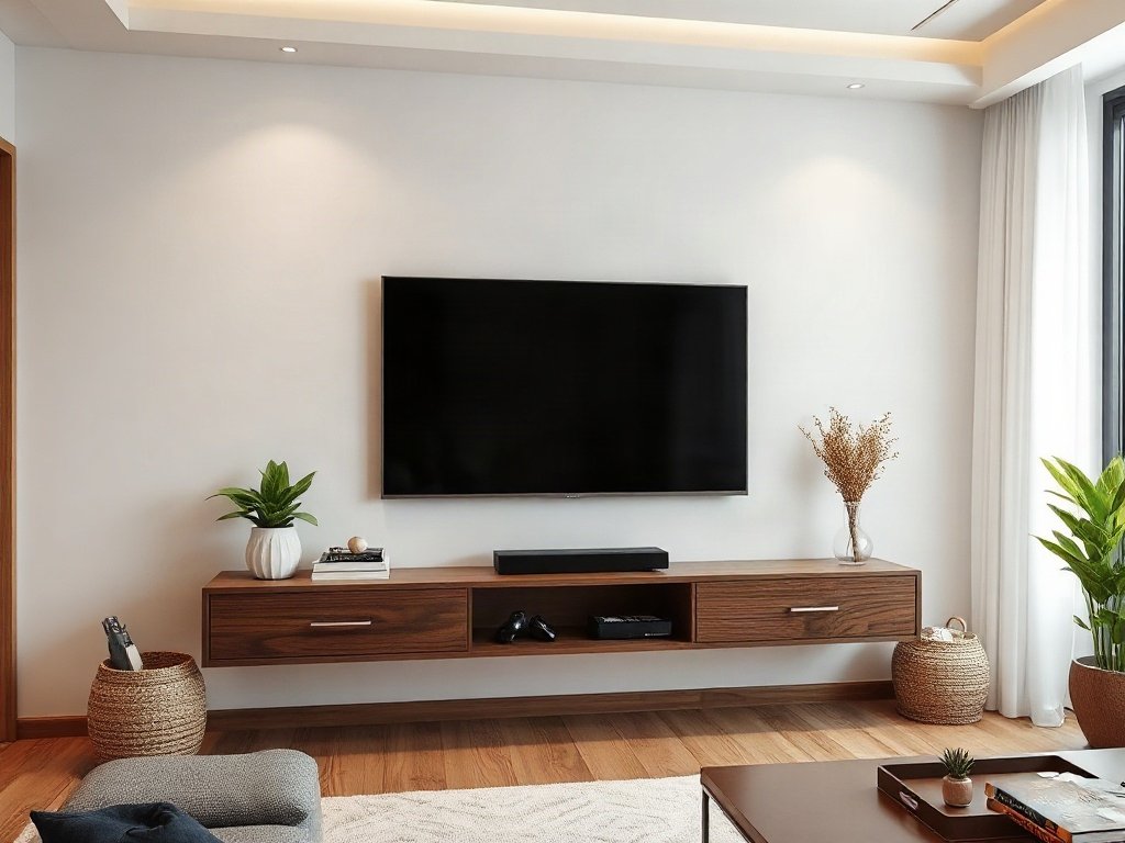 Tủ tivi treo tường có đèn led trang trí phong cách hiện đại
