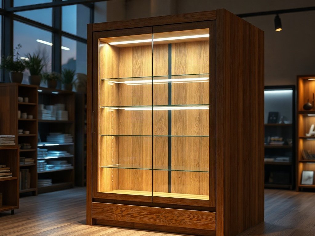 Tủ trưng bày gỗ tích hợp đèn led chiếu sáng sản phẩm buổi tối