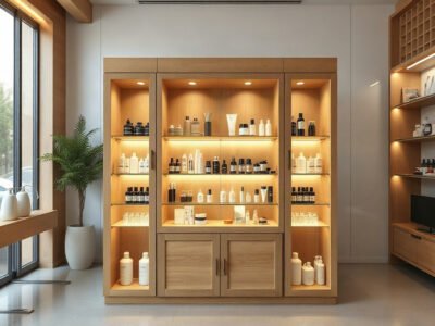 Tủ trưng bày mỹ phẩm ở hà nội bằng gỗ sồi tự nhiên với đèn LED chiếu sáng