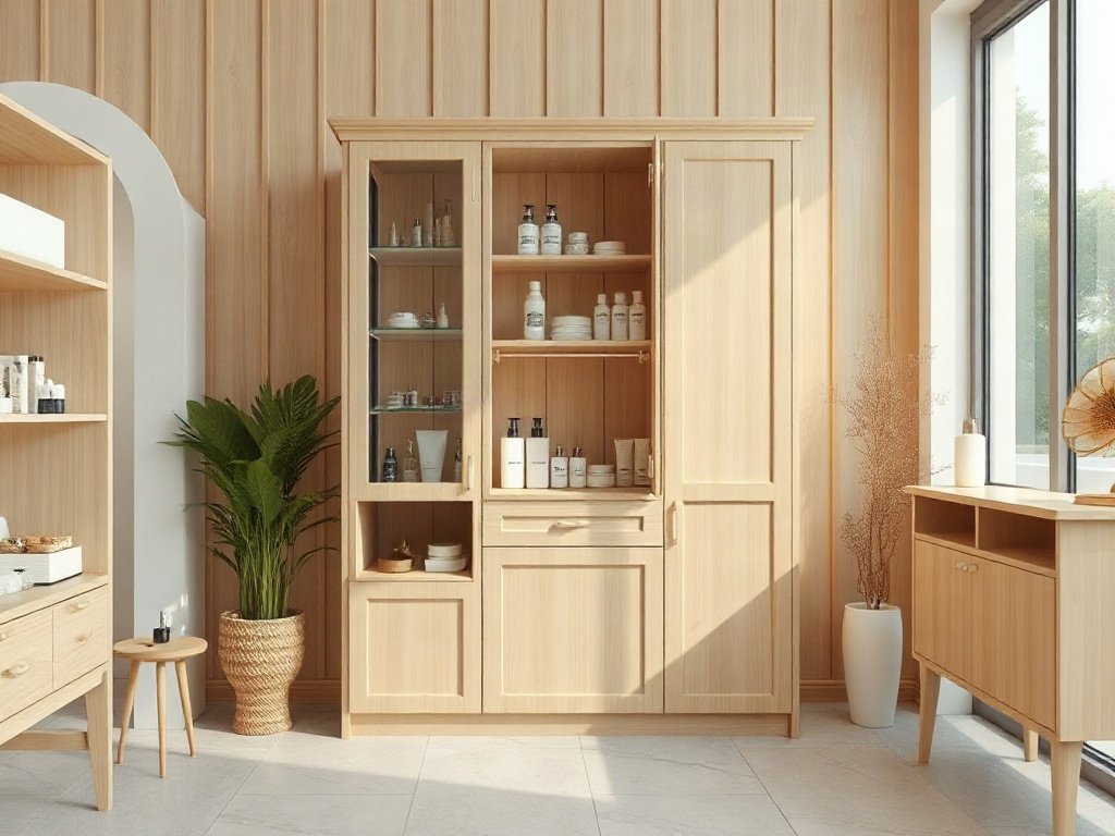 Tủ trưng bày mỹ phẩm phong cách tối giản màu sáng trong shop nhỏ