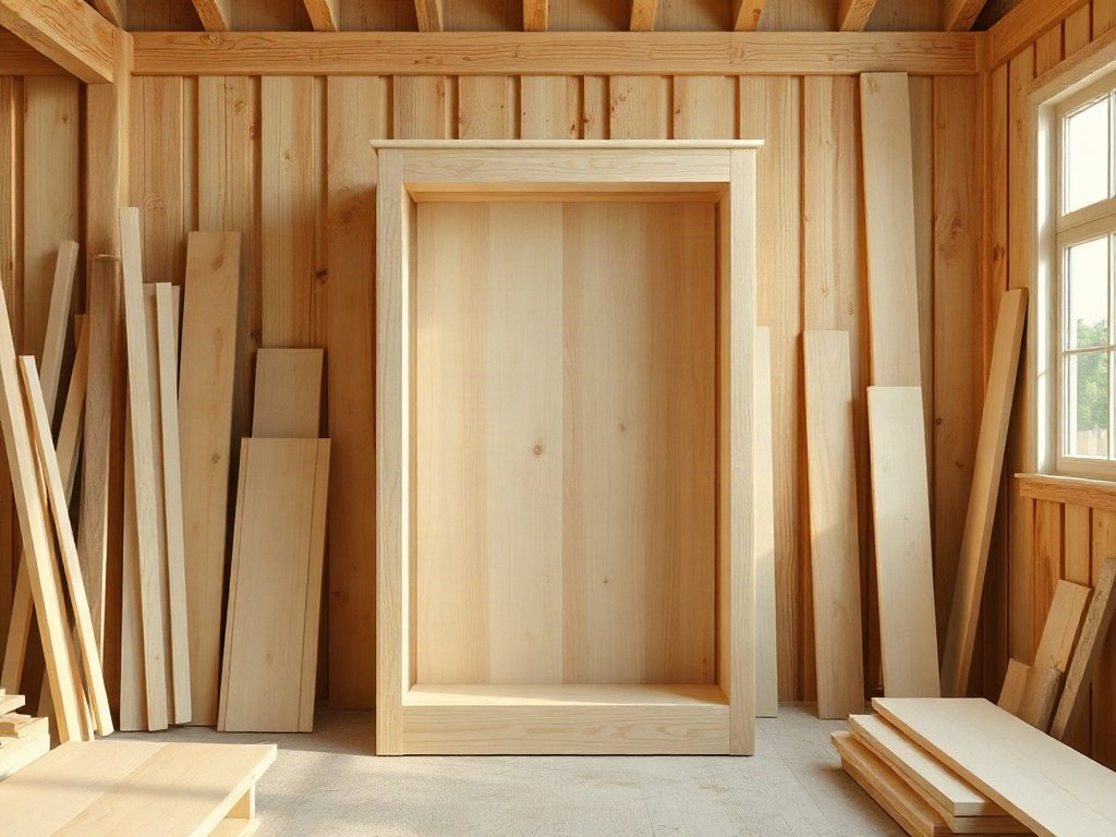 Xưởng mộc đang lắp ráp khung tủ trưng bày mỹ phẩm bằng gỗ