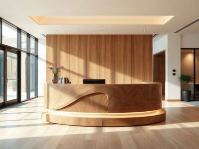 Ý tưởng thiết kế quầy lễ tân sáng tạo bằng gỗ tự nhiên tại sảnh văn phòng